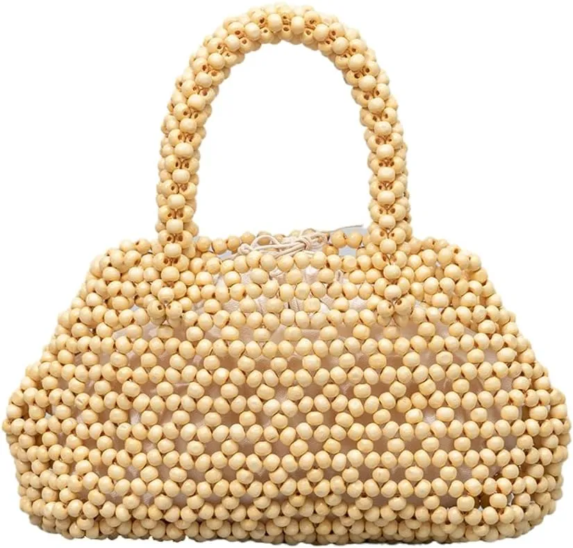 Wooden Bead Purses for Women Beaded Small Tote Purse Straw Purse Chic Hollow-out Handbag for Beach Summer Travel
