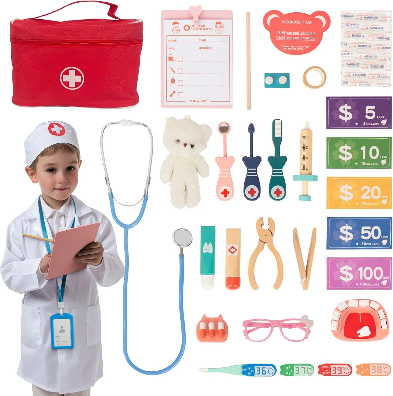 Wooden Doctor Kit for Kids, Pretend Playset for Toddlers, Dentist kit for Toddlers 3-5, with Medical Bag, Stethoscope, Uniform and Other Accessories, for Boys Girls Fun Role Playing Game