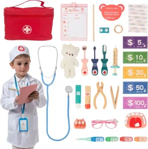 Wooden Doctor Kit for Kids, Pretend Playset for Toddlers, Dentist kit for Toddlers 3-5, with Medical Bag, Stethoscope, Uniform and Other Accessories, for Boys Girls Fun Role Playing Game