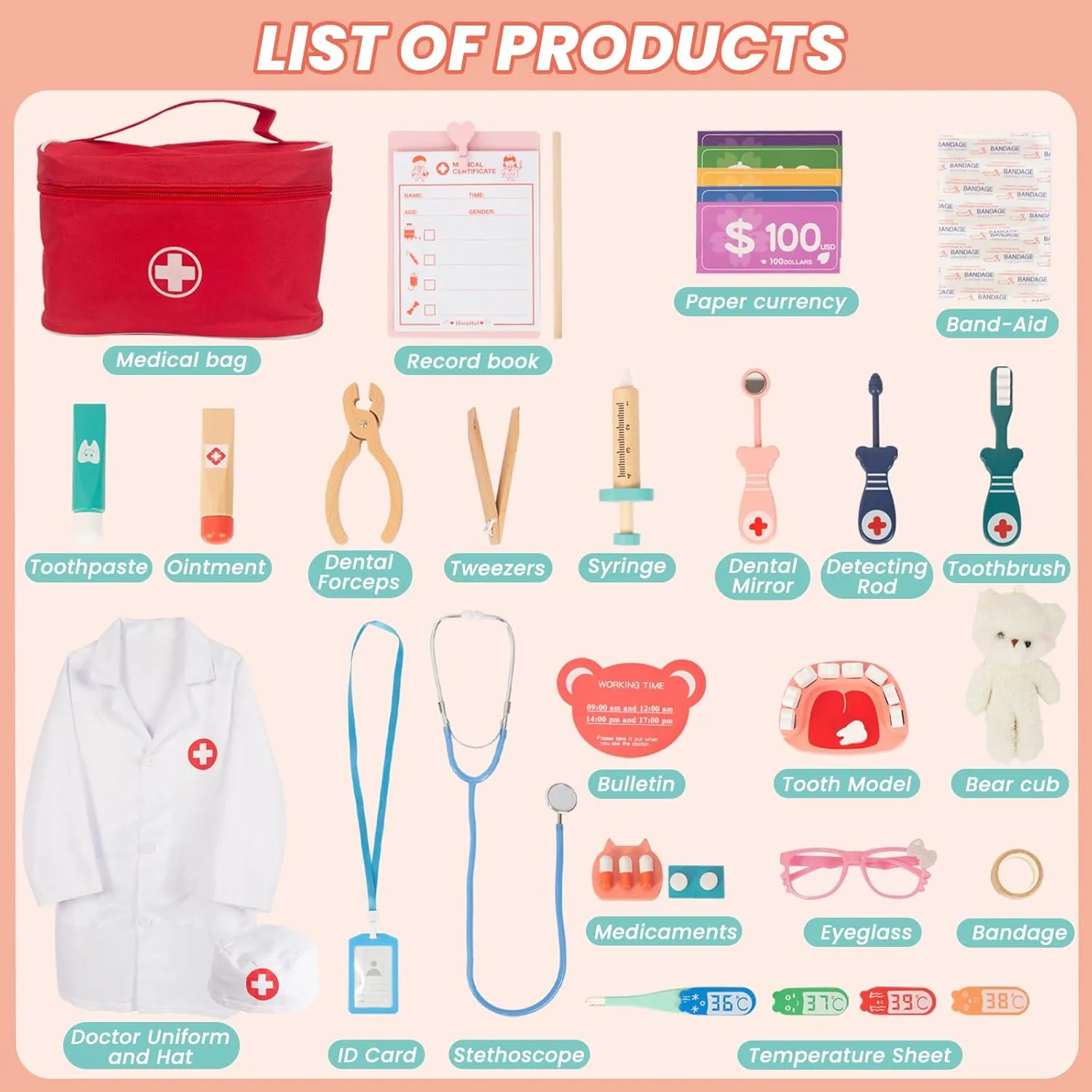 Wooden Doctor Kit for Kids, Pretend Playset for Toddlers, Dentist kit for Toddlers 3-5, with Medical Bag, Stethoscope, Uniform and Other Accessories, for Boys Girls Fun Role Playing Game