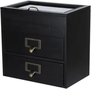 Wooden Storage Box Wooden Desk Organizer with 2 Drawers and 6 Grids Apothecary Drawers Small Wooden Drawers Small Craft Storage Containers Jewelry Holder for women(Glass Black02)