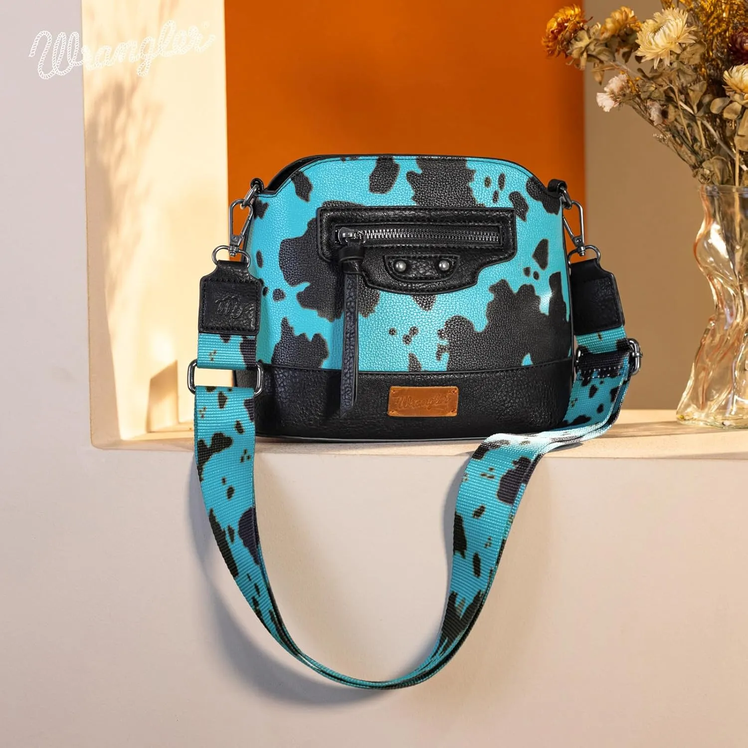 Wrangler Cow Print Crossbody Bag for Women Western Cross Body Purse with Signature Strap