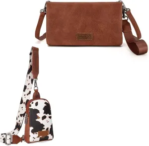 Wrangler Cow Print Sling Bag Cross Body Purse & Women Wristlet Wallet Small RFID Bifold Crossbody Wallets