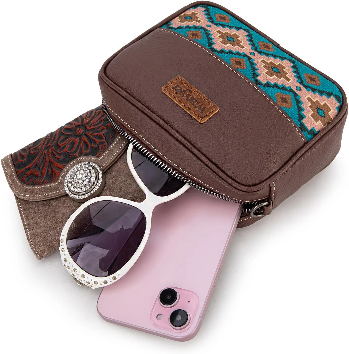 Wrangler Crossbody Bag for Women Aztec Mini Crossover Purse with Guitar Strap