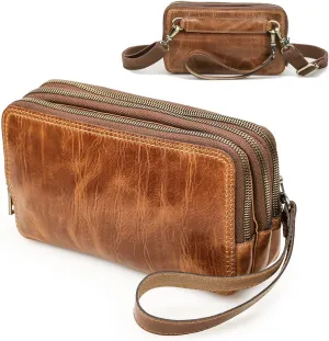 Wristlet Clutch Purses for Women and Men Full Grain Leather Small Crossbody Bag Clutch Wallet Unisex Shoulder Handbag with 3 Zip Compactments (Camel Brown)