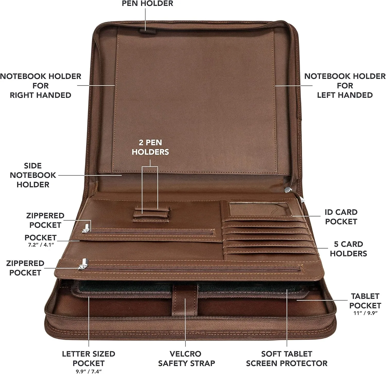Wundermax Vegan PU Leather Portfolio with Zipper - Business Notebook Organizer for Resume - Padfolio for Men & Women w/Notepad Compatible with 10" iPad/Tablet Pocket Aesthetic School Suppliers, Brown