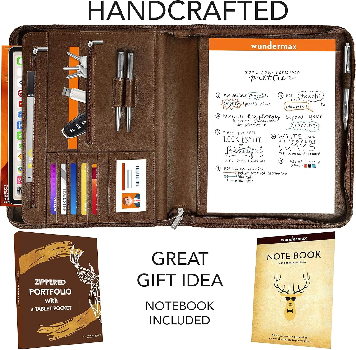 Wundermax Vegan PU Leather Portfolio with Zipper - Business Notebook Organizer for Resume - Padfolio for Men & Women w/Notepad Compatible with 10" iPad/Tablet Pocket Aesthetic School Suppliers, Brown