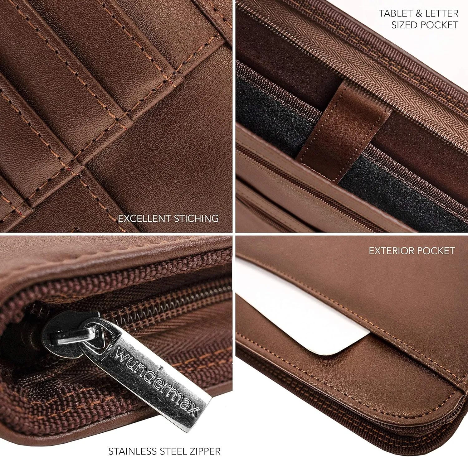 Wundermax Vegan PU Leather Portfolio with Zipper - Business Notebook Organizer for Resume - Padfolio for Men & Women w/Notepad Compatible with 10" iPad/Tablet Pocket Aesthetic School Suppliers, Brown