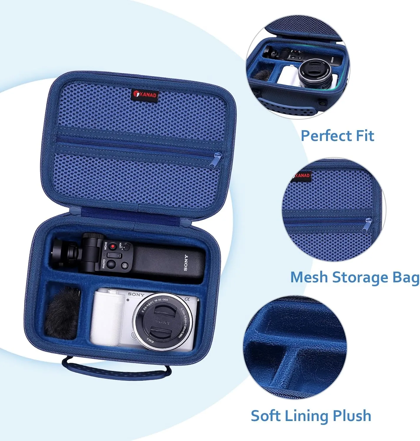 XANAD Hard Case for Sony Alpha ZV-E10/ZV-E10L/ ZV-1/ZV-1F Camera Vlogger Accessory Kit Tripod (GP-VPT2 BT) and Microphone - Carrying Storage Bag（Blue）