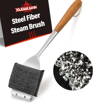 ﻿XUDAKAIXIN 18” Steel Fibers Steam Grill Brush with Extended, Large Wooden Handle,BBQ Replaceable Cleaning Head,Safe Grill Accessories for Cast Iron/Porcelain/Weber Gas/Charcoal Grill