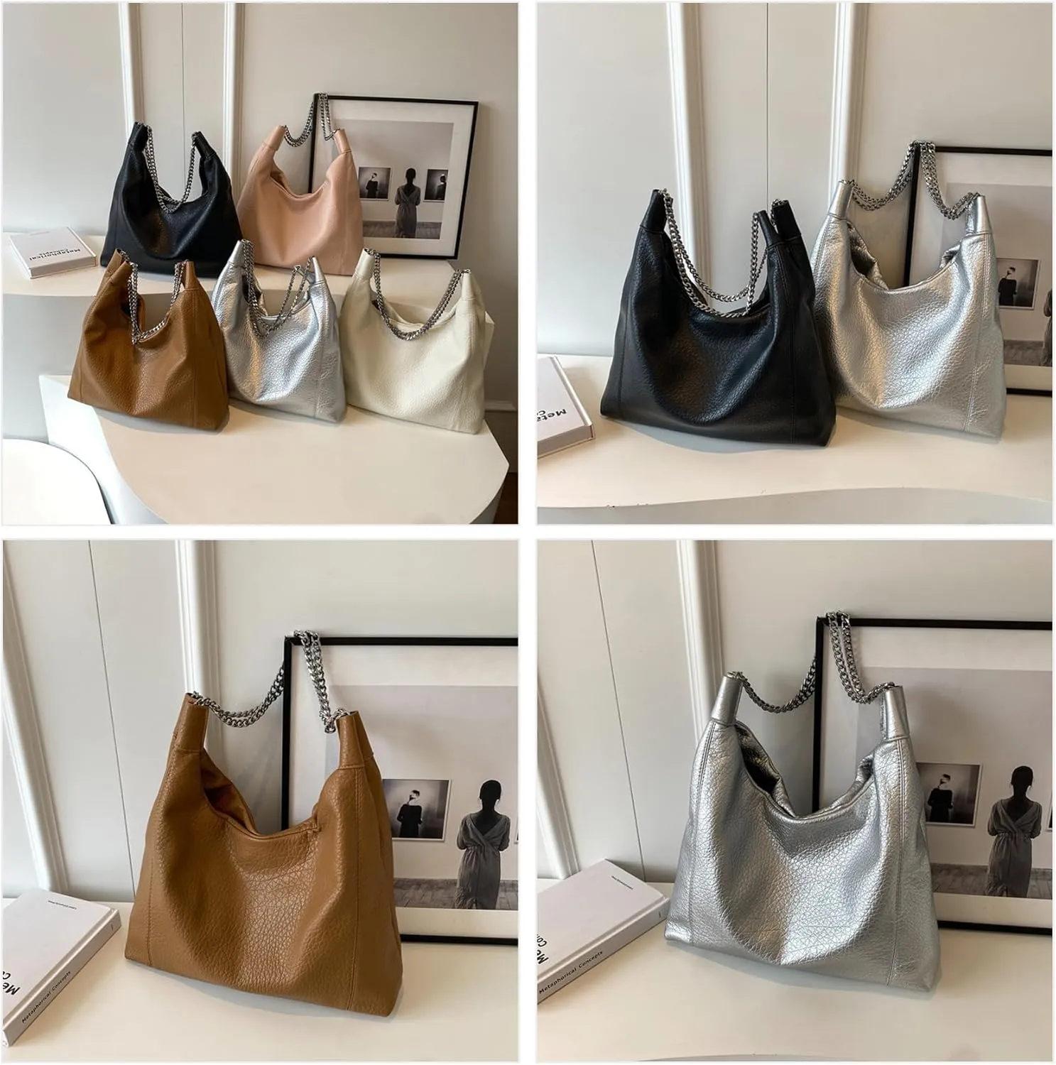 XXGJOALD-Hobo Bags for Women Soft PU Leather Shoulder Bag Large Handbags Designer Purses Hobo Purse with Chain Handle (Brown)