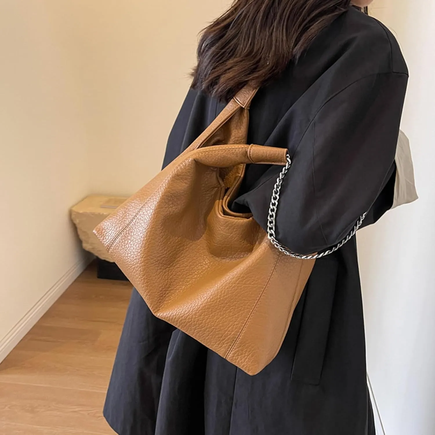 XXGJOALD-Hobo Bags for Women Soft PU Leather Shoulder Bag Large Handbags Designer Purses Hobo Purse with Chain Handle (Brown)