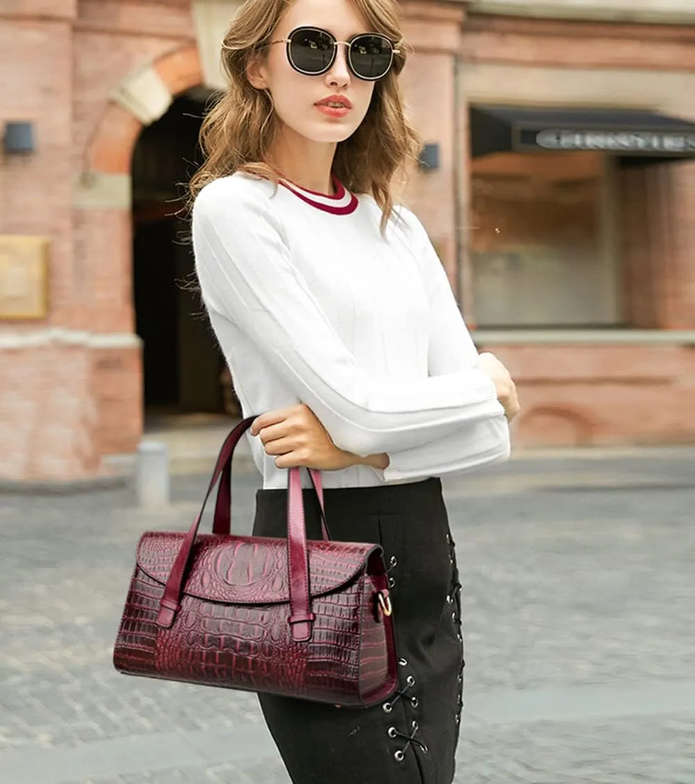 XXGJOALD-Women Handbag Crocodile Pattern Leather Top-Handle Purse Flap Shoulder Satchel