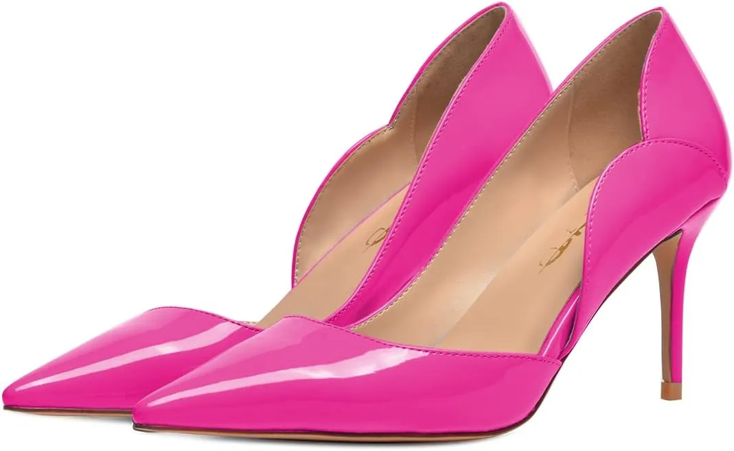 XYD Women Dress Party High Heels Slip On Office Work Formal Curved Edge D'Orsay Glossy Pointy Toe Ladies Wedding Pumps