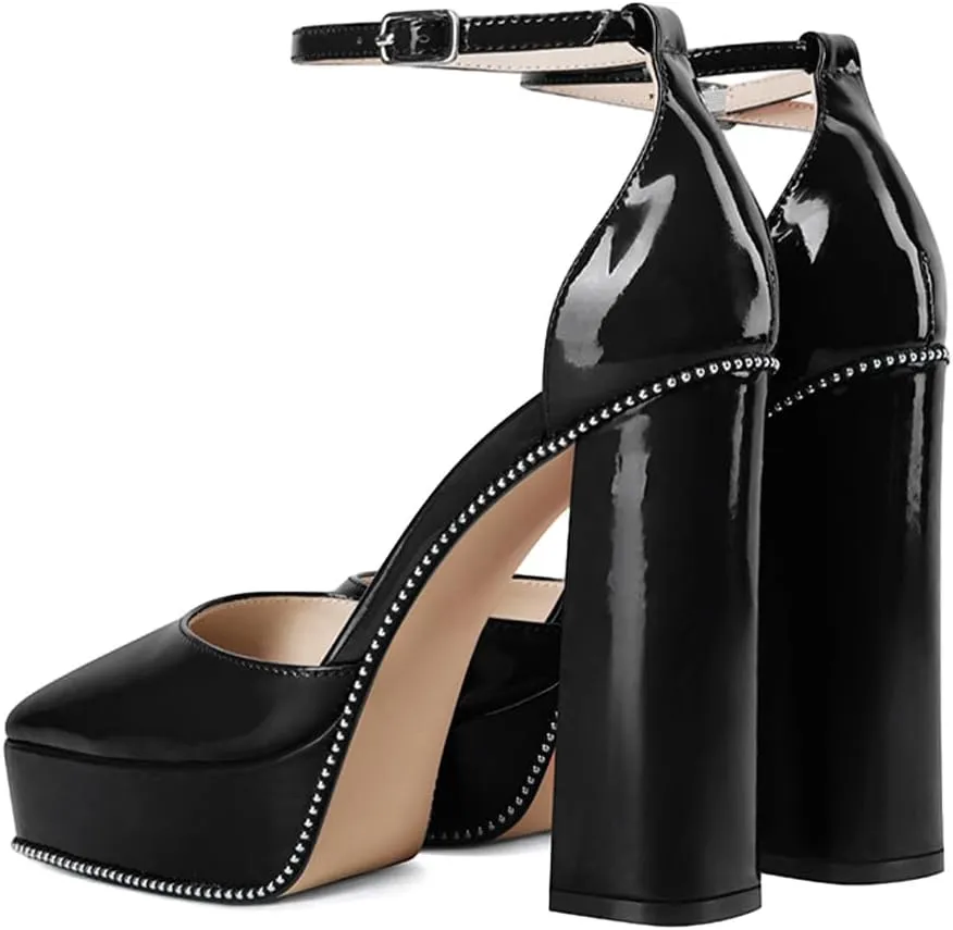 XYD Women Sexy Pumps Square Closed Toe Glossy Platform Chunky High Heels Crystal Ankle Strap with Buckle Wedding D'Orsay Shoes