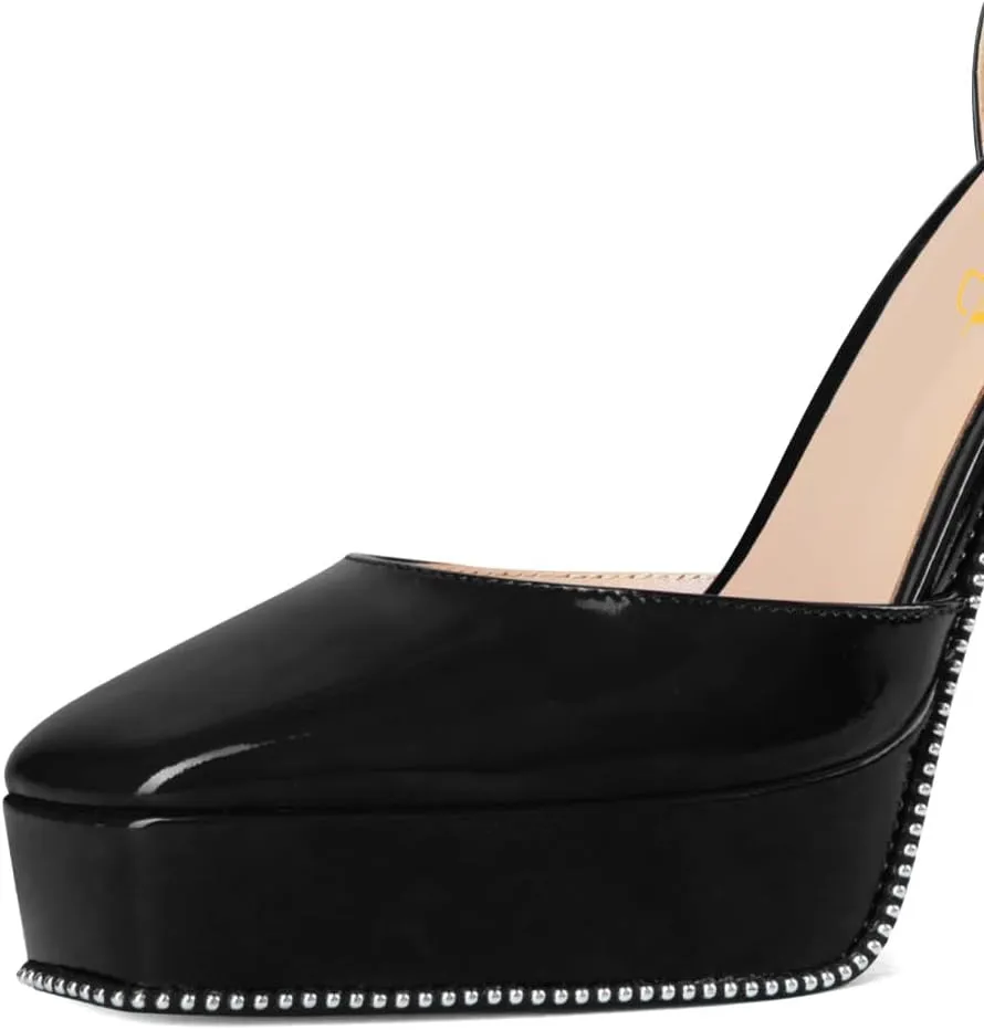 XYD Women Sexy Pumps Square Closed Toe Glossy Platform Chunky High Heels Crystal Ankle Strap with Buckle Wedding D'Orsay Shoes
