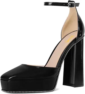 XYD Women Sexy Pumps Square Closed Toe Glossy Platform Chunky High Heels Crystal Ankle Strap with Buckle Wedding D'Orsay Shoes