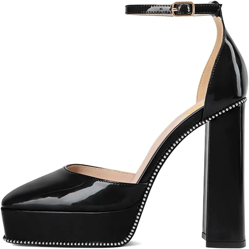 XYD Women Sexy Pumps Square Closed Toe Glossy Platform Chunky High Heels Crystal Ankle Strap with Buckle Wedding D'Orsay Shoes