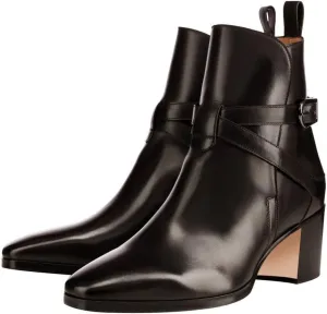 XYD Women Square Toe Ankle Booties Strap Cross with Buckle Retro Pull On Block Low Heel Boots Glossy Patent Office Dress Shoes