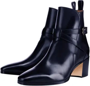 XYD Women Square Toe Ankle Booties Strap Cross with Buckle Retro Pull On Block Low Heel Boots Glossy Patent Office Dress Shoes