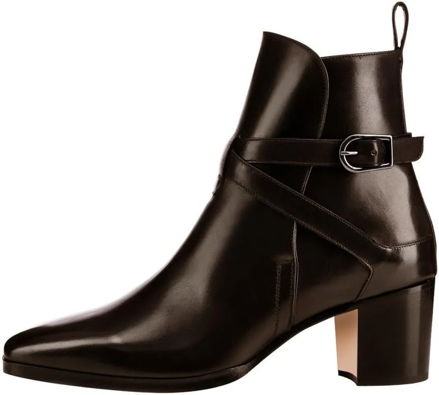 XYD Women Square Toe Ankle Booties Strap Cross with Buckle Retro Pull On Block Low Heel Boots Glossy Patent Office Dress Shoes
