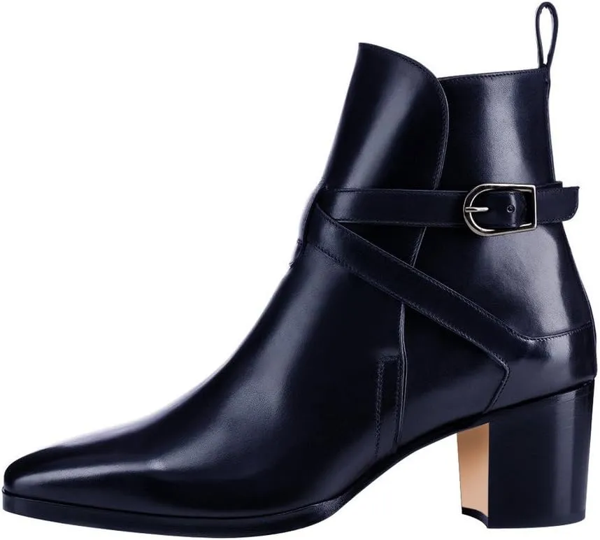 XYD Women Square Toe Ankle Booties Strap Cross with Buckle Retro Pull On Block Low Heel Boots Glossy Patent Office Dress Shoes