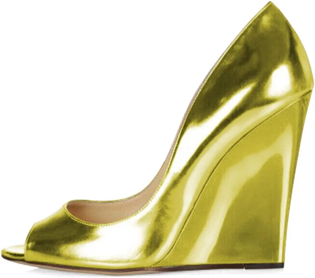 XYD Women Stylish Metallic Leather Peep Toe Slip On Pumps Wedges High Heel Fashion Party Event Nightclub Dressy Shoes