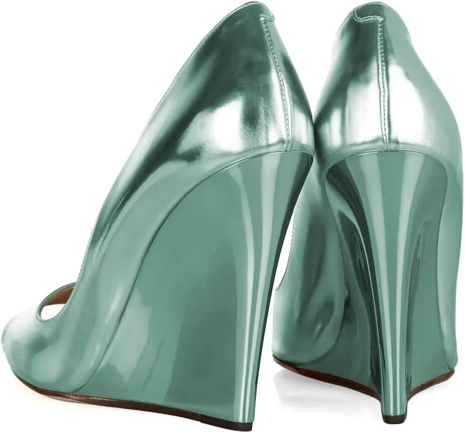 XYD Women Stylish Metallic Leather Peep Toe Slip On Pumps Wedges High Heel Fashion Party Event Nightclub Dressy Shoes