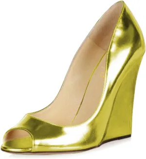 XYD Women Stylish Metallic Leather Peep Toe Slip On Pumps Wedges High Heel Fashion Party Event Nightclub Dressy Shoes