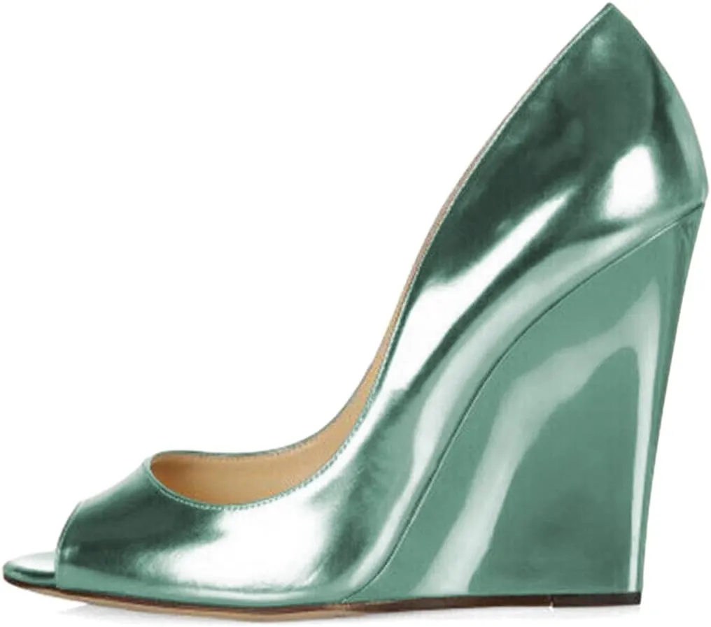 XYD Women Stylish Metallic Leather Peep Toe Slip On Pumps Wedges High Heel Fashion Party Event Nightclub Dressy Shoes