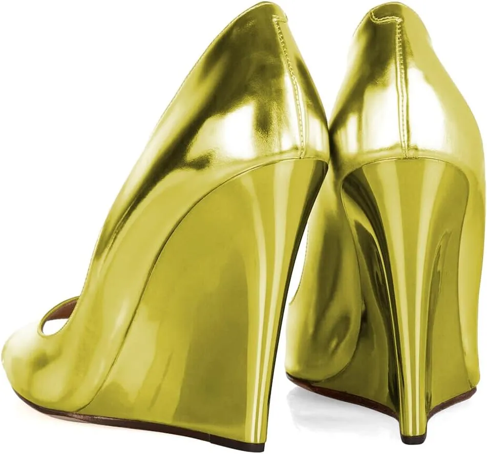 XYD Women Stylish Metallic Leather Peep Toe Slip On Pumps Wedges High Heel Fashion Party Event Nightclub Dressy Shoes