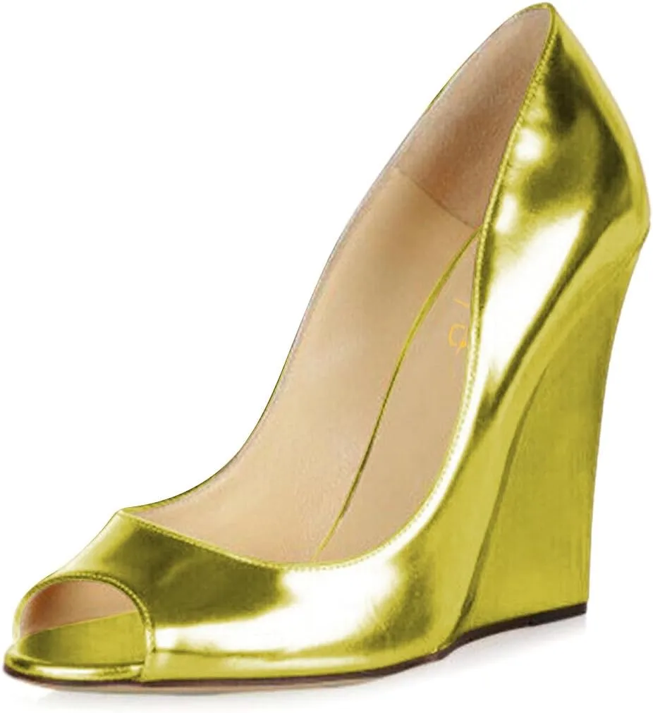 XYD Women Stylish Metallic Leather Peep Toe Slip On Pumps Wedges High Heel Fashion Party Event Nightclub Dressy Shoes
