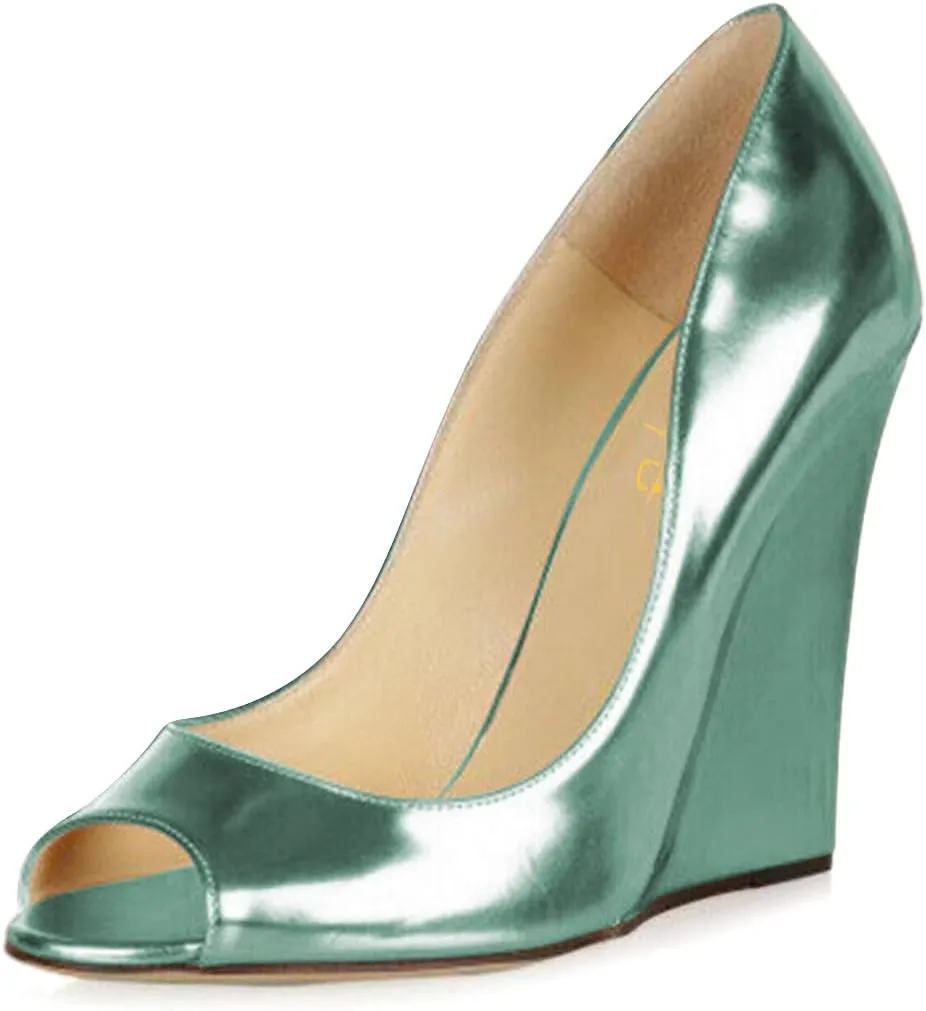 XYD Women Stylish Metallic Leather Peep Toe Slip On Pumps Wedges High Heel Fashion Party Event Nightclub Dressy Shoes