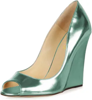XYD Women Stylish Metallic Leather Peep Toe Slip On Pumps Wedges High Heel Fashion Party Event Nightclub Dressy Shoes