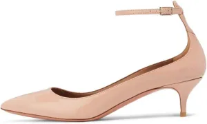 XYD Women's Patent Leather Glossy Closed Pointy Toe Kitten Low Heel Pumps Ankle Strap Buckled Party Dress Shoes
