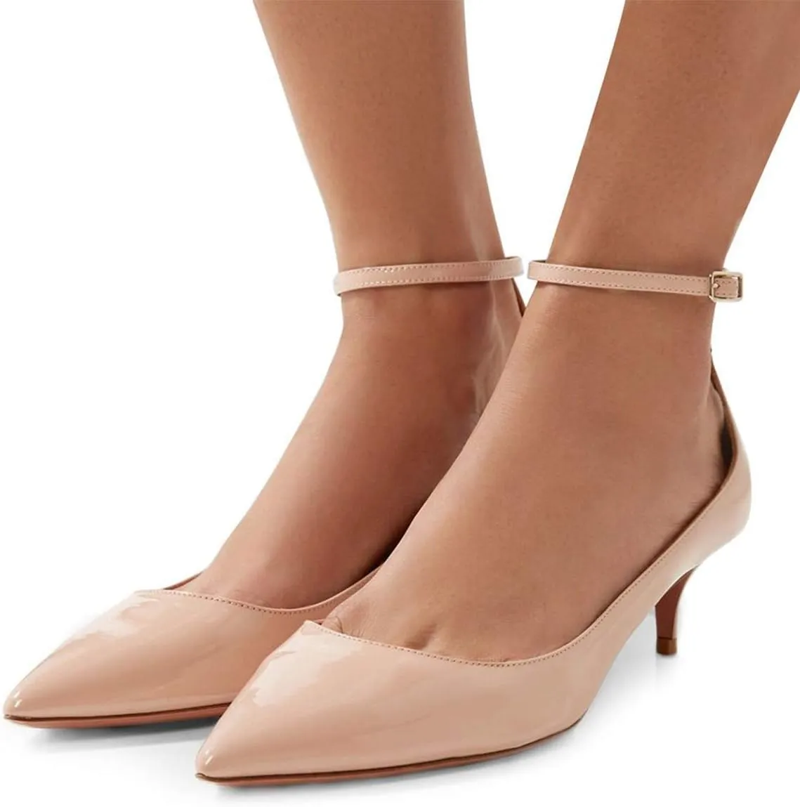 XYD Women's Patent Leather Glossy Closed Pointy Toe Kitten Low Heel Pumps Ankle Strap Buckled Party Dress Shoes