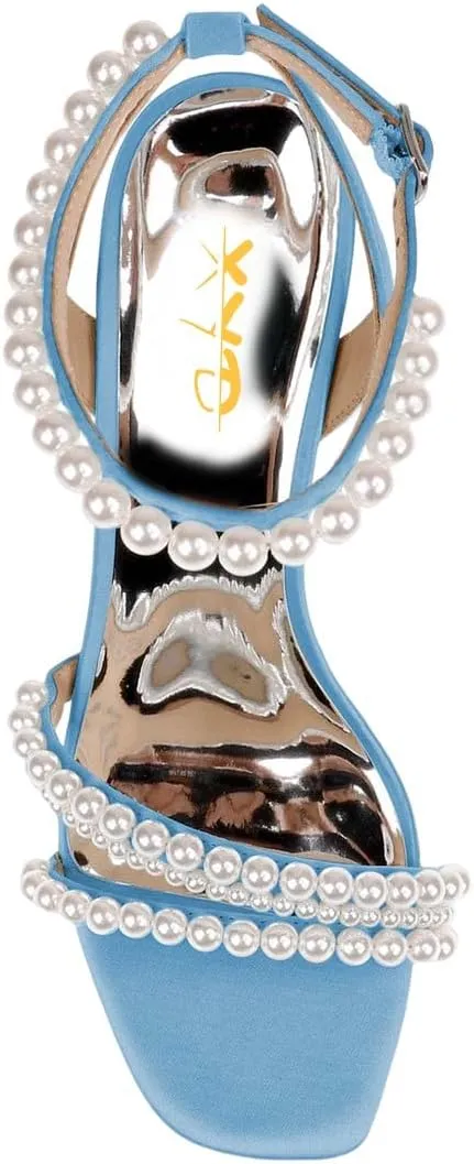 XYD Women's Pearl Kitten Heel Open Toe Sandals Silk Satin Rhinestone Dress Prom Wedding Shoes