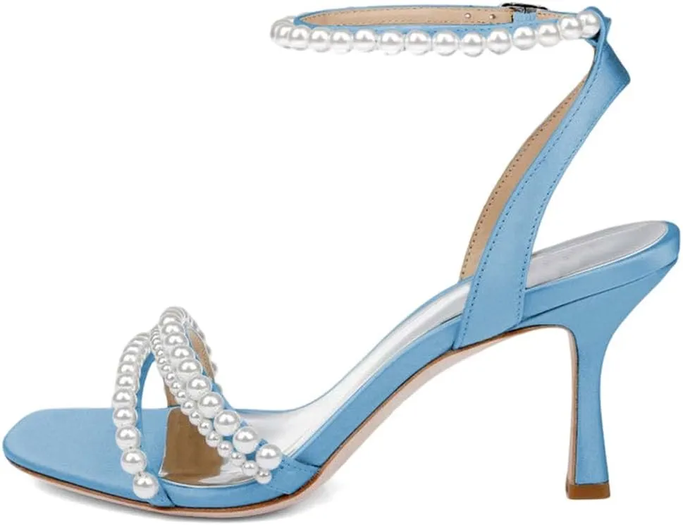 XYD Women's Pearl Kitten Heel Open Toe Sandals Silk Satin Rhinestone Dress Prom Wedding Shoes