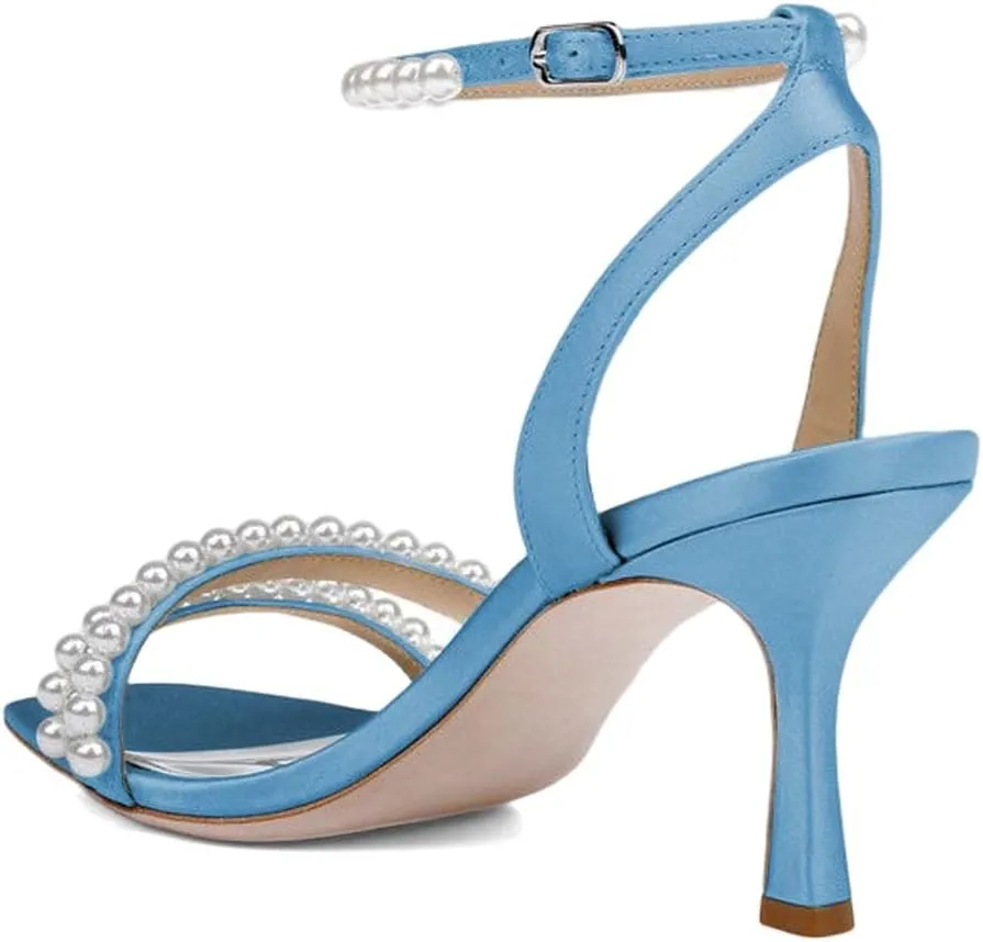 XYD Women's Pearl Kitten Heel Open Toe Sandals Silk Satin Rhinestone Dress Prom Wedding Shoes