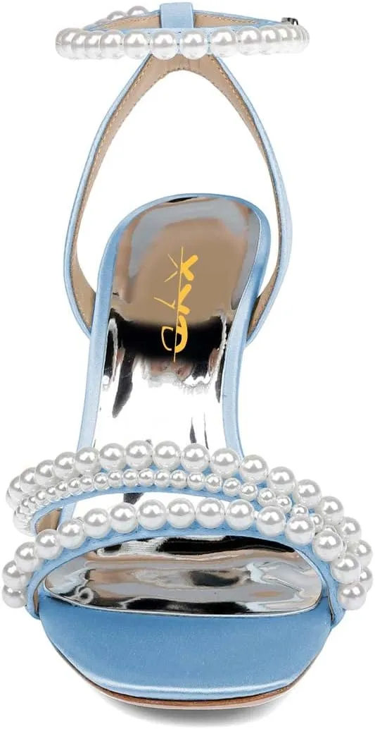 XYD Women's Pearl Kitten Heel Open Toe Sandals Silk Satin Rhinestone Dress Prom Wedding Shoes