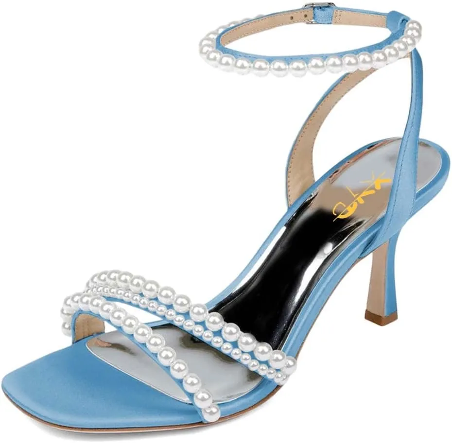 XYD Women's Pearl Kitten Heel Open Toe Sandals Silk Satin Rhinestone Dress Prom Wedding Shoes