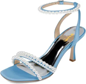 XYD Women's Pearl Kitten Heel Open Toe Sandals Silk Satin Rhinestone Dress Prom Wedding Shoes
