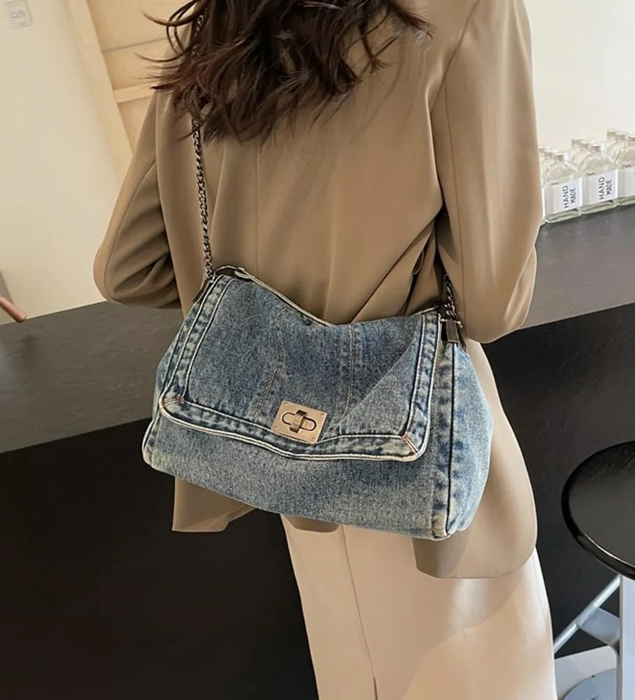 Y2k Denim Purse Denim Shoulder Bag for Woman Retro Jean Tote Hobo Bag Handbag Large Capacity Handbag Chain Strap