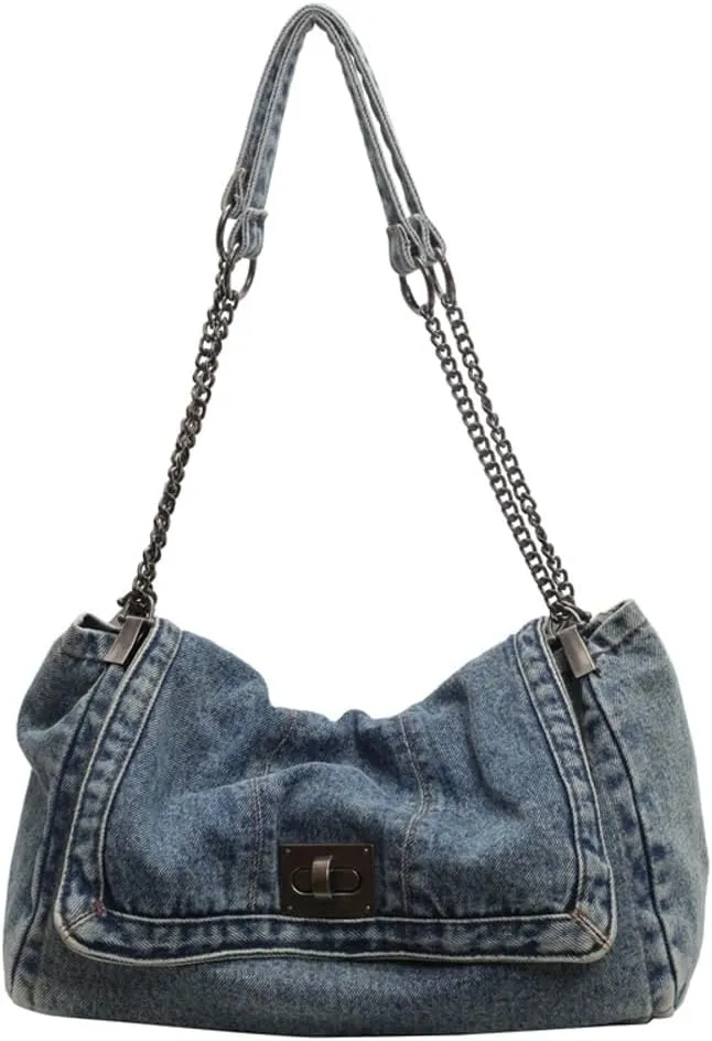 Y2k Denim Purse Denim Shoulder Bag for Woman Retro Jean Tote Hobo Bag Handbag Large Capacity Handbag Chain Strap