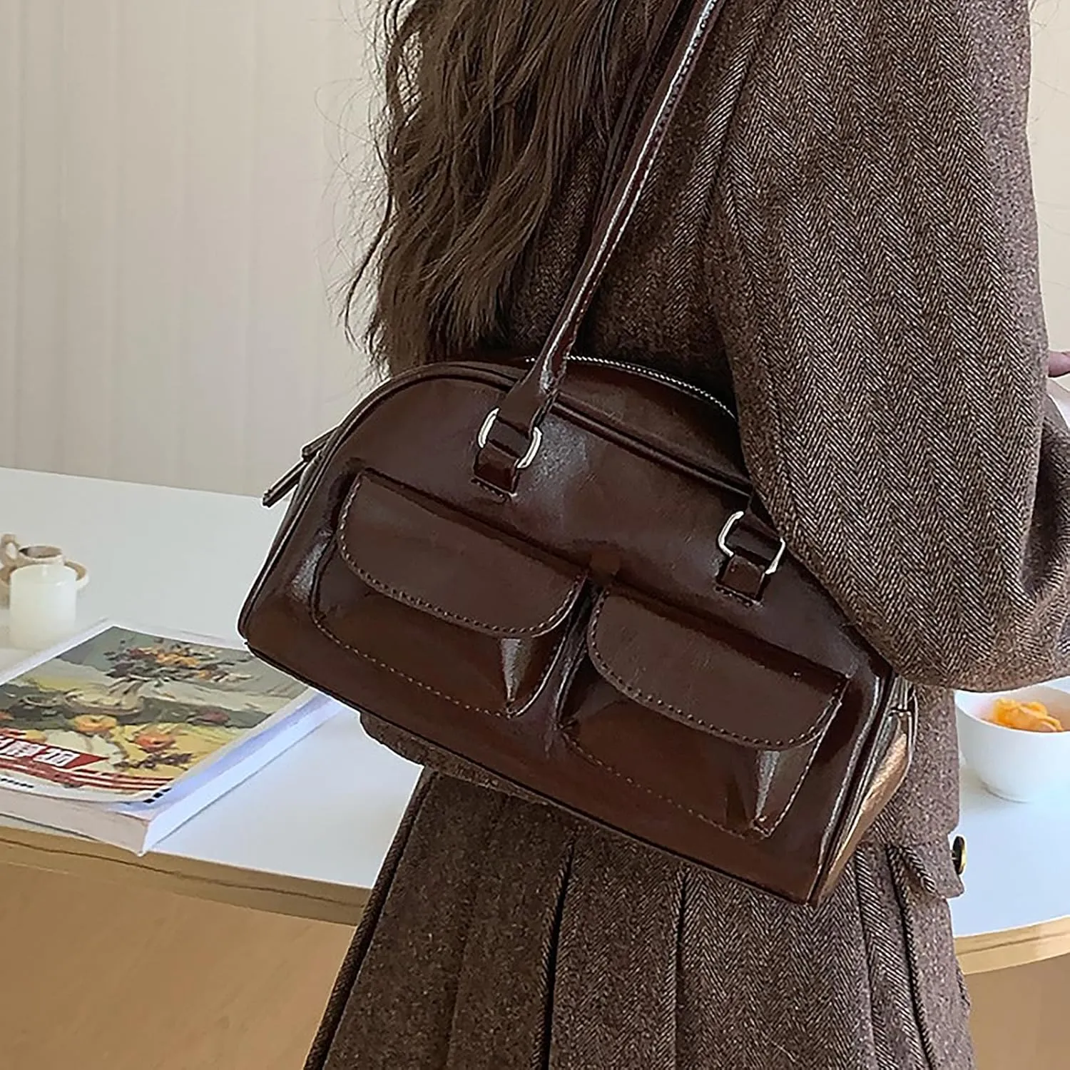 Y2K Shoulder Bag for Women Black Small Purse Brown Purse Trendy Purse Retro Women's Shoulder Handbags Purses