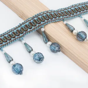 Yalulu 4 Yards Crystal Beads Pendant Tassel Trim, Beaded Hanging Ball Tassel Fringing Trimmingss for Curtain Sofa Sewing DIY Craft Decor (Grey Blue)