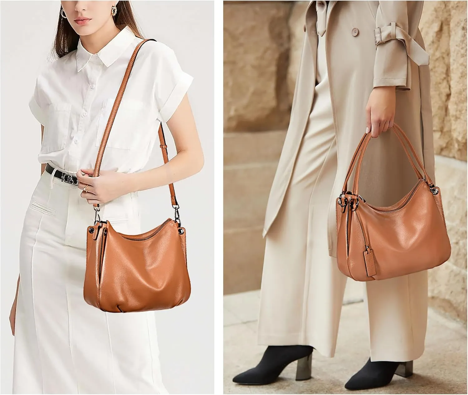 YALUXE Women's Genuine Leather Shoulder Bags Minimalist Handbags Purses with Dual Handles & Detachable Long Strap