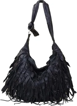 YAQUNICER Hobo Tassel Tote Bag Sheep Leather Shoulder Bags Large Capacity Striped Handbag