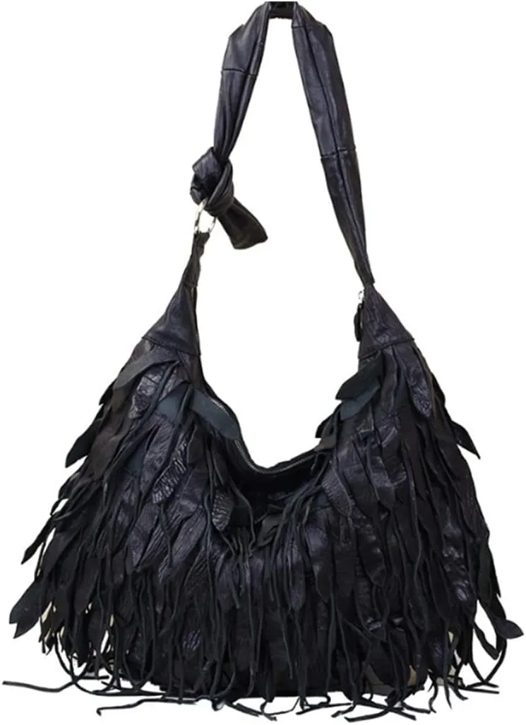 YAQUNICER Hobo Tassel Tote Bag Sheep Leather Shoulder Bags Large Capacity Striped Handbag