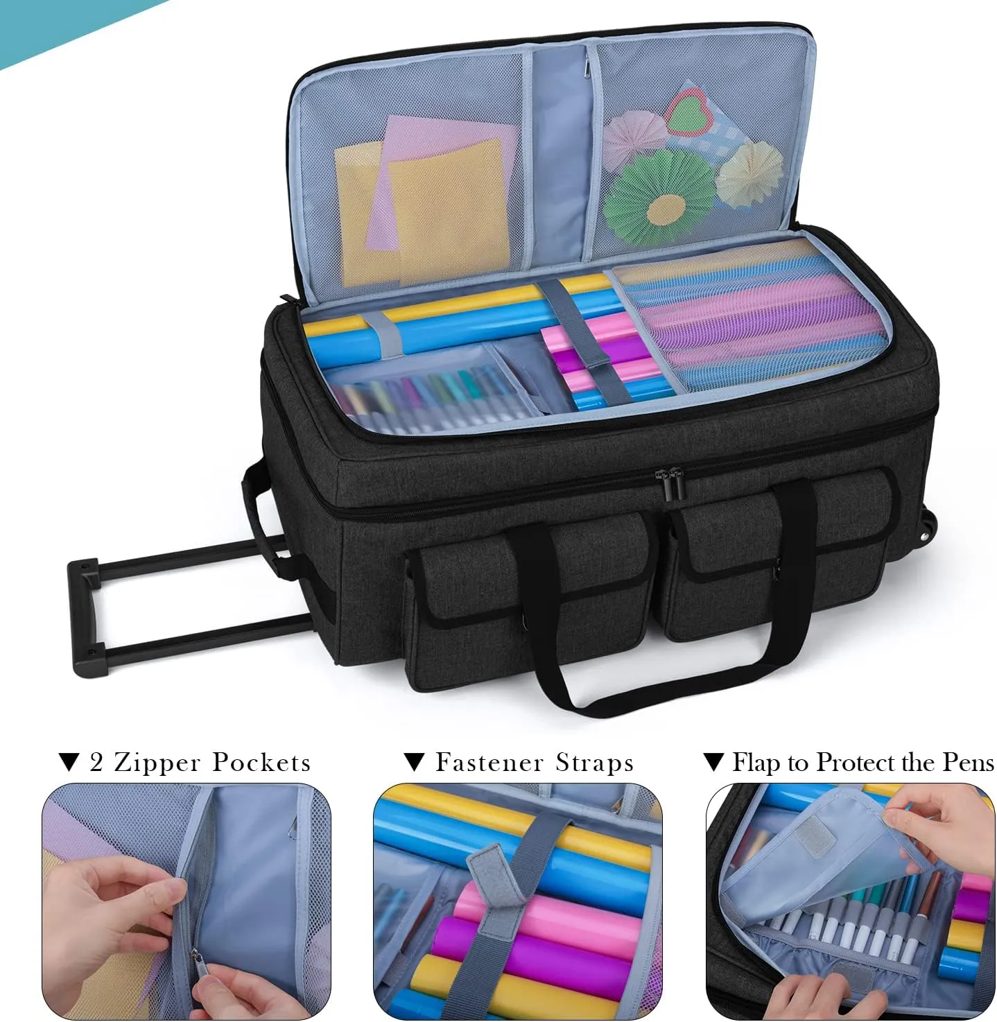 Yarwo Rolling Craft Tote Bag with Wheels Compatible for Cricut Maker, Maker 3, Explore Air 2, Explore 3, Cameo 4, Cameo 5, Double Layers Carrying Case for Die Cut Machine and Supplies, Black(Patented)